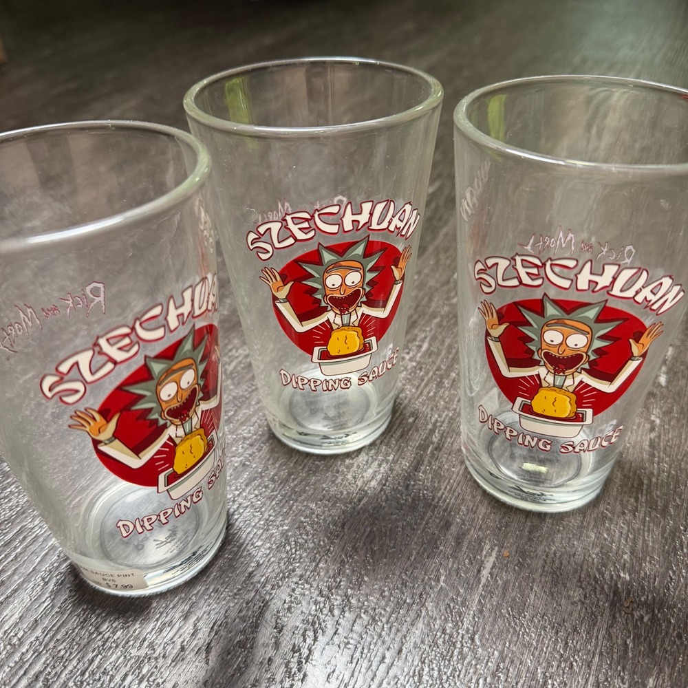 Rick and Morty Pint Glass Set Unisex 16oz Clear Szechuan Sauce Rick Sanchez 3pk